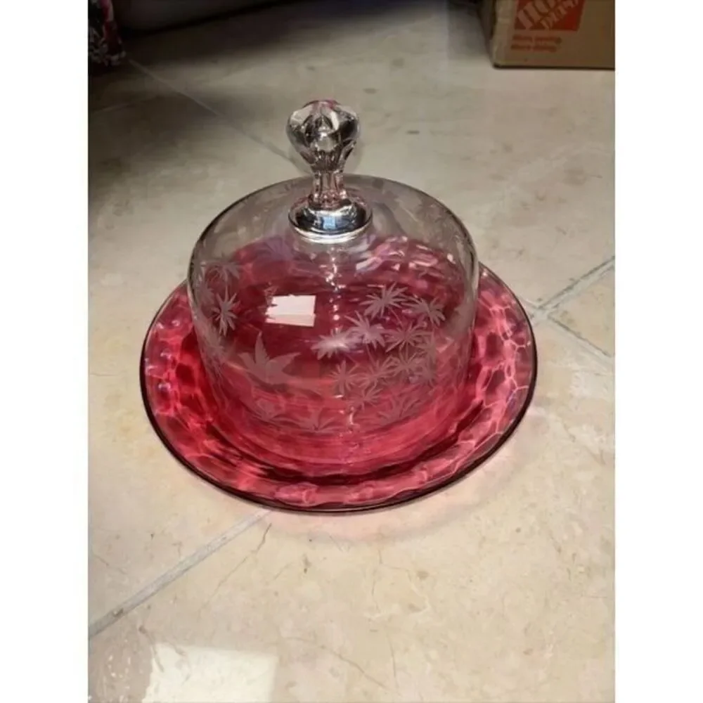 GLASS  DOME CHEESE Butter DESSERT COVERED DISH 7x9” Cranberry Clear Birds Trees